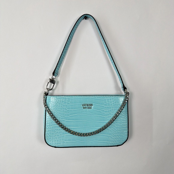 Guess Handbags - Guess Y2K Light Blue Croc Embossed Shoulder Bag Chain Mini Baguette Purse